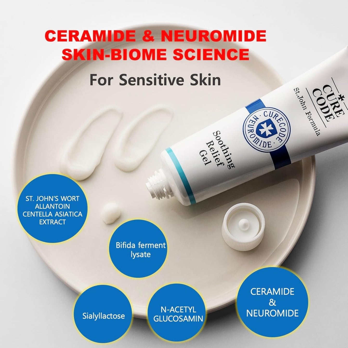 CURECODE Soothing Relief Gel with Neuromide, encourages ceramide, Microbiome Science soothes sensitive & dry skin, strengthen repair skin barrier (80ml)