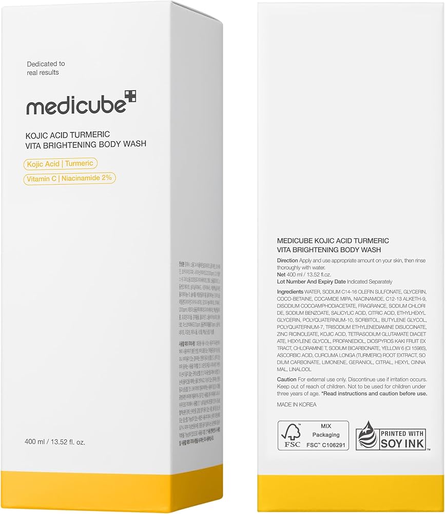 medicube Kojic Acid Turmeric Brightening Body Wash | Gentle Shower Gel for Uneven Skin | Niacinamide, Vitamin C, AHA/BHA | Deep Cleansing, Hydrating Formula | Easy and Effective, 13.52 fl.oz (400 ml)