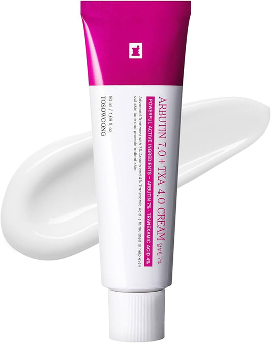 TOSOWOONG Arbutin 7% + Tranexamic Acid 4% Cream, 70,000ppm Arbutin, 40,000ppm TXA, Niacinamide, Glutathione, Dark Spots, Freckle, Blemishes, Pigmentation, Korean Skin Care, 50ml, 1.69 fl.oz.