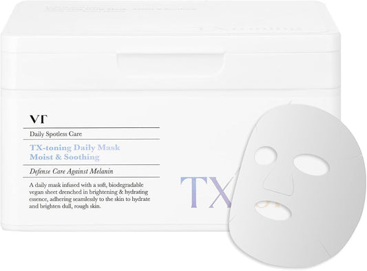 VT COSMETICS TX Toning Daily Mask 30 Sheets, Tranexamic Acid, Niacinamide, Glutathione for Acne Scars, Dark Spots, Sun Spots, Hydrating & Glowing Facial Mask, Fragrance-Free,