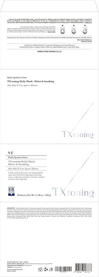VT COSMETICS TX Toning Daily Mask 30 Sheets, Tranexamic Acid, Niacinamide, Glutathione for Acne Scars, Dark Spots, Sun Spots, Hydrating & Glowing Facial Mask, Fragrance-Free,