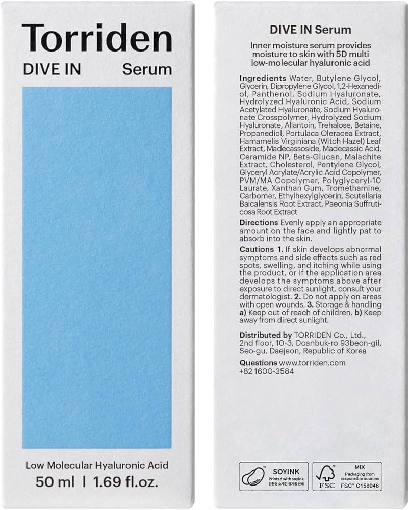 Torriden DIVE IN Hyaluronic Acid Serum for Deep Hydration | Korean K-Beauty Glass Skin Plump Glow | Lightweight Fast-Absorbing Face Serum 50ml (1.69 fl.oz.)
