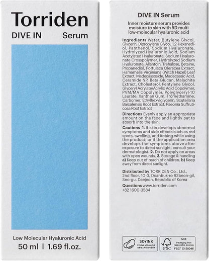 Torriden DIVE IN Hyaluronic Acid Serum for Deep Hydration | Korean K-Beauty Glass Skin Plump Glow | Lightweight Fast-Absorbing Face Serum 50ml (1.69 fl.oz.)