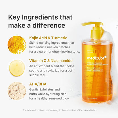 medicube Kojic Acid Turmeric Brightening Body Wash | Gentle Shower Gel for Uneven Skin | Niacinamide, Vitamin C, AHA/BHA | Deep Cleansing, Hydrating Formula | Easy and Effective, 13.52 fl.oz (400 ml)