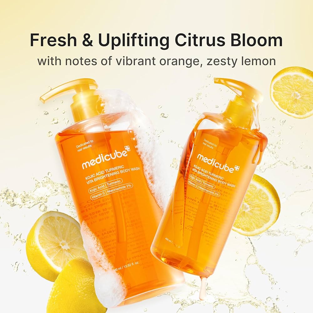 medicube Kojic Acid Turmeric Brightening Body Wash | Gentle Shower Gel for Uneven Skin | Niacinamide, Vitamin C, AHA/BHA | Deep Cleansing, Hydrating Formula | Easy and Effective, 13.52 fl.oz (400 ml)