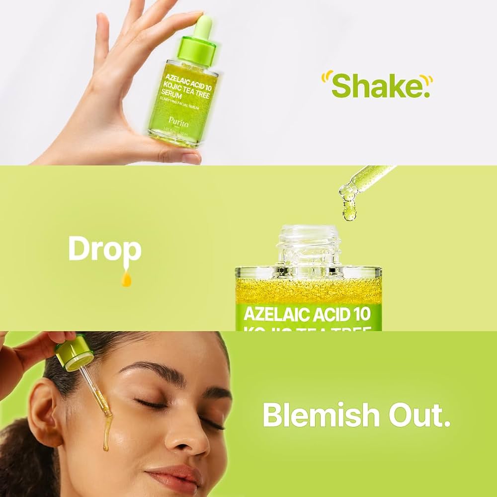 PURITO Azelaic Acid 10% + Kojic Acid + Tea Tree Facial Serum | for Blemish-Prone, Oily & Sensitive Skin | Redness Relief | Korean Skincare, 30mL 1.01 fl.oz